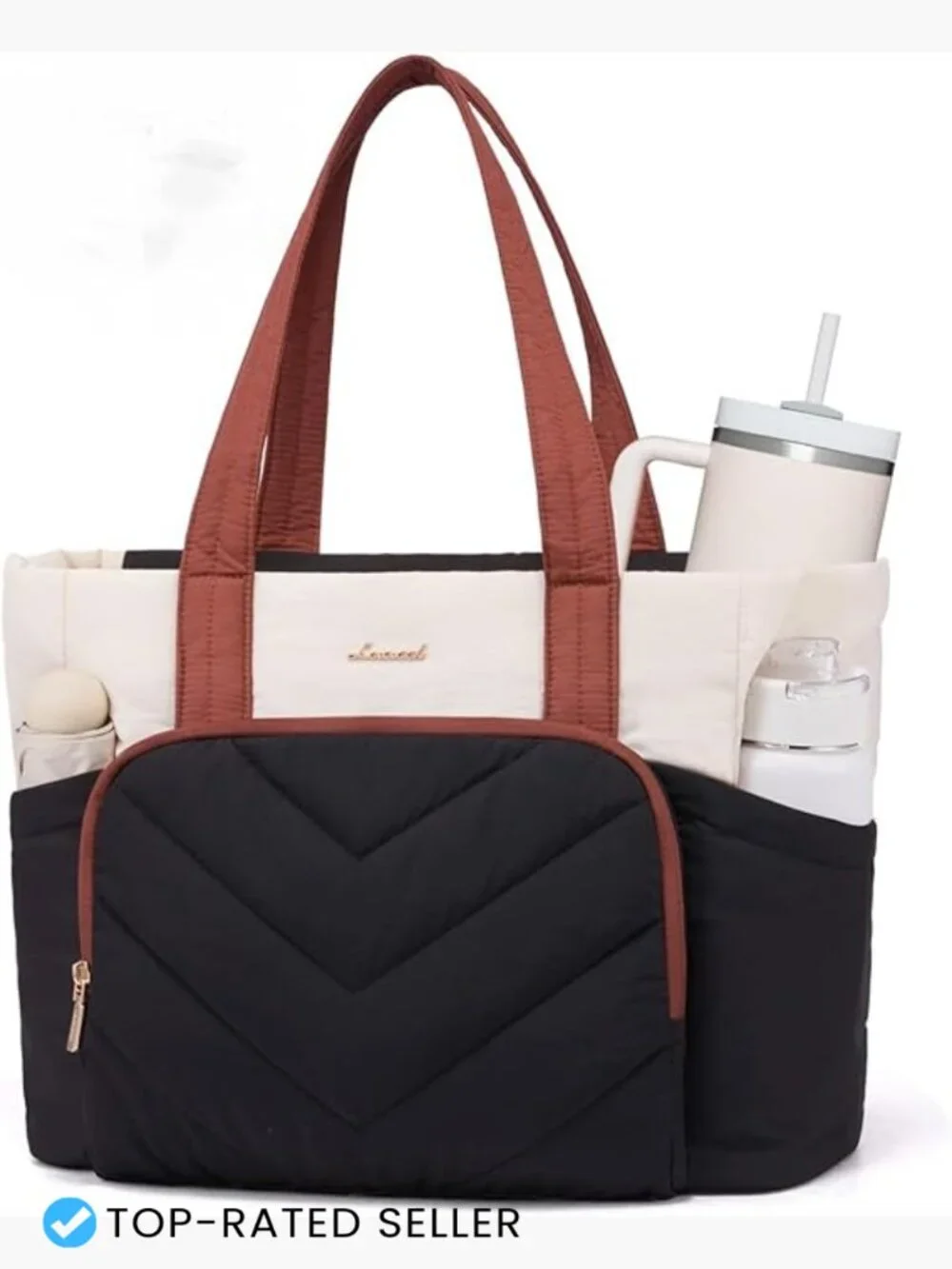 Puffer Tote Bag with V-Quilted Design, Lightweight Nylon, Large Shoulder Laptop